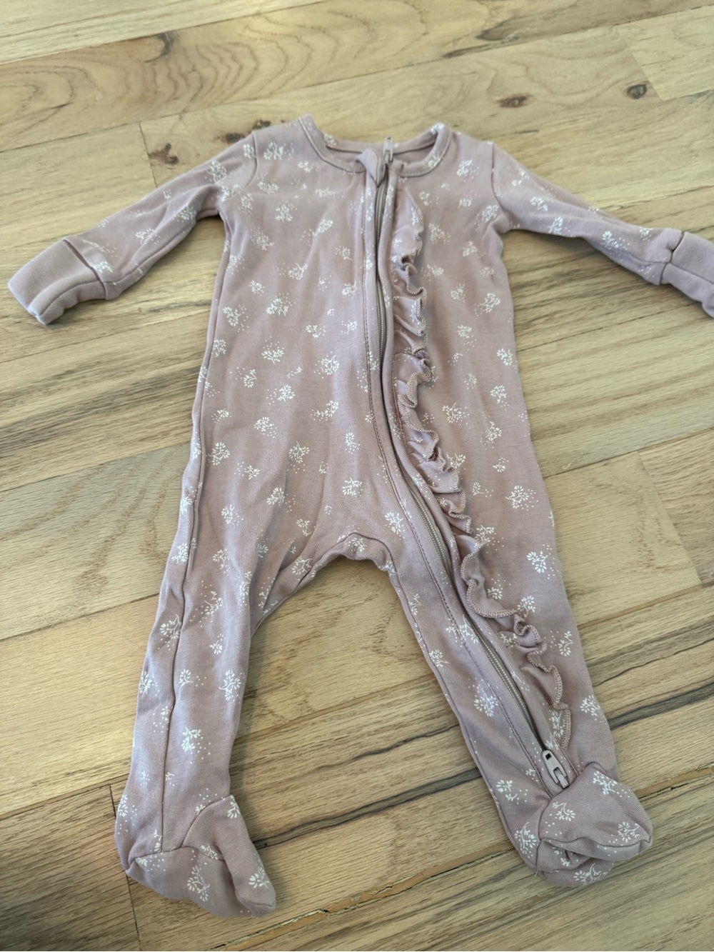 Colored Organics Mauve Floral Ruffle Zip One-Piece Footie